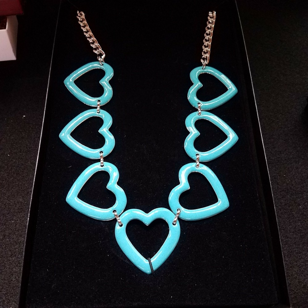 HSN Curations Enamel Hearts Statement Necklace Black Gold or Blue Silver Tone